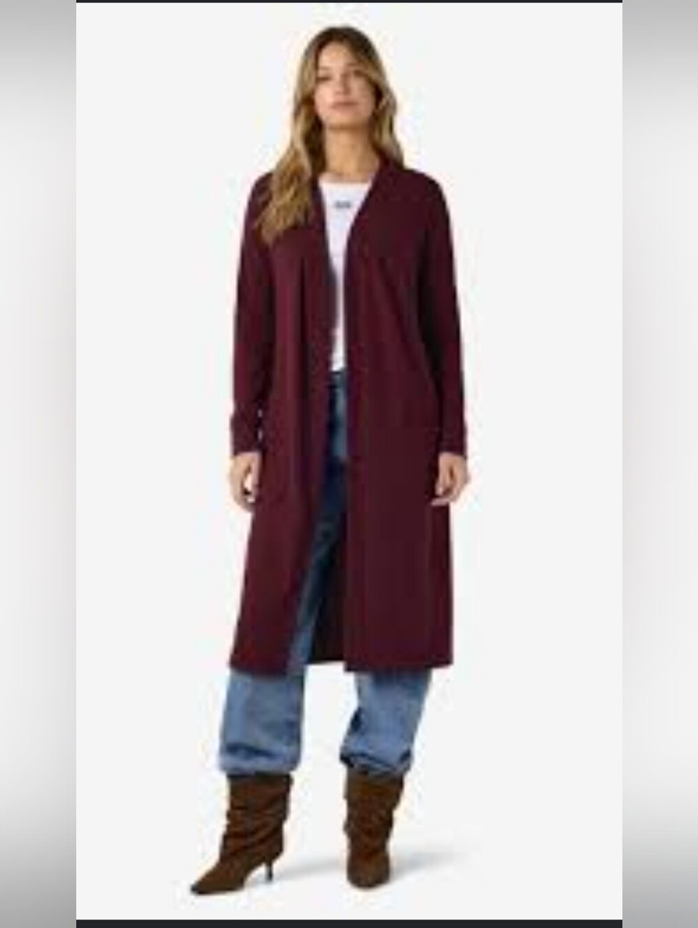 Love Tree Long Open-Front Cardigan in Burgundy
